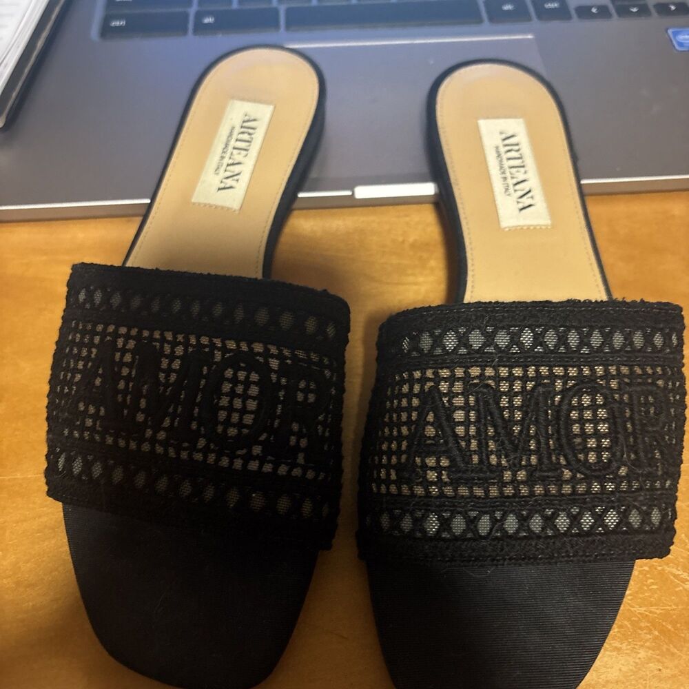 Arteana Handmade In Italy AMOR Sandals Black Embroidered Mesh Flat Mule Sz 37